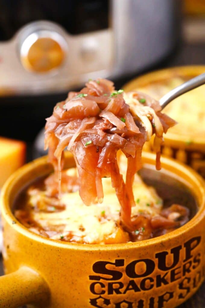 a spoonful of homemade instant pot french onion soup