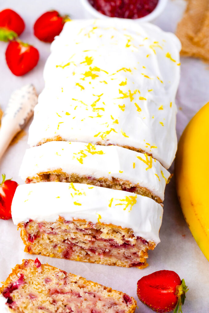 Overhead shot of sliced strawberry banana bread.