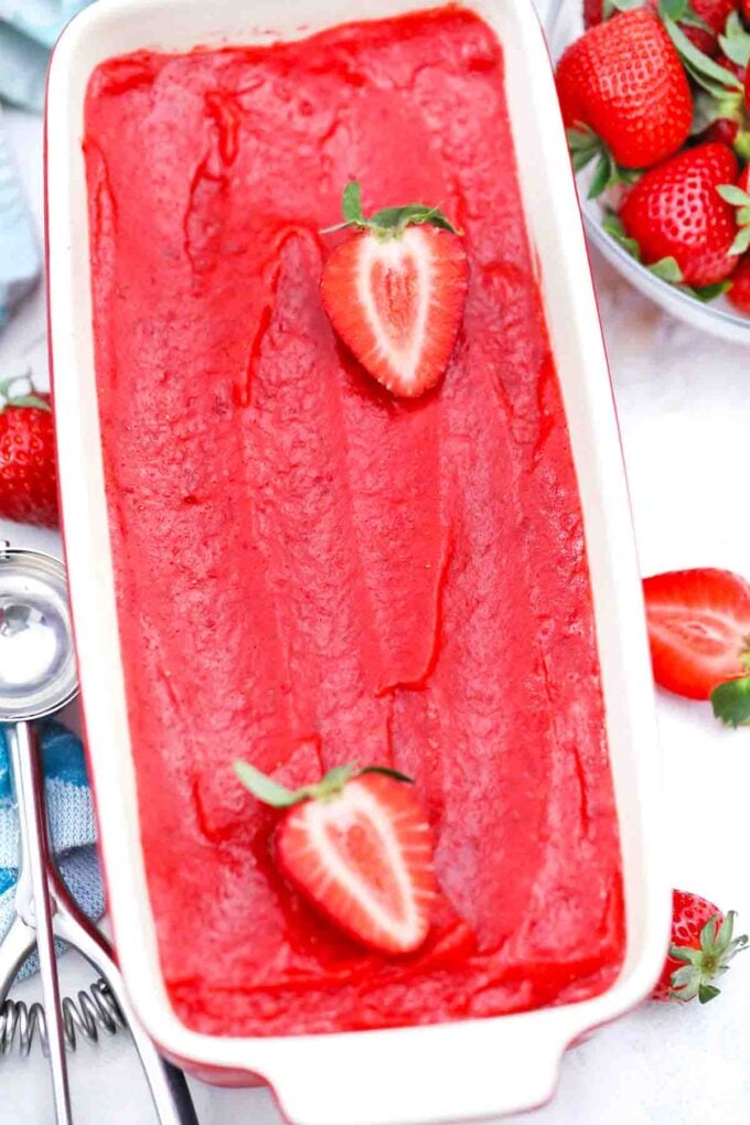 overhead shot of strawberry sorbet in a loaf pan
