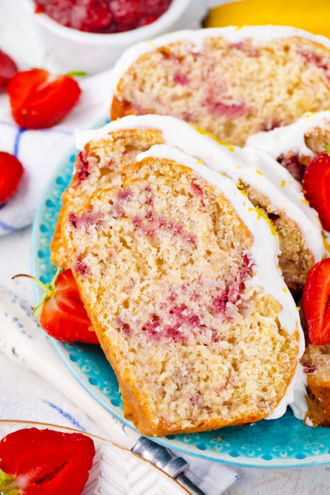 Overhead shot of a slice of strawberry banana bread.
