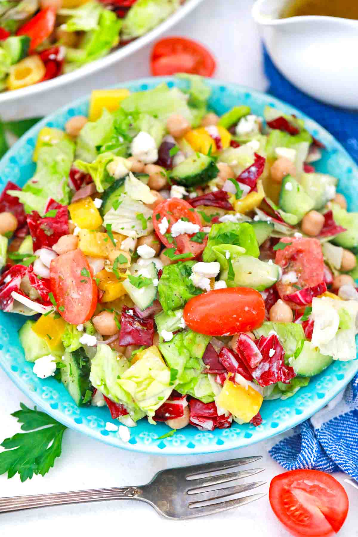 a plate of chopped mediterranean salad