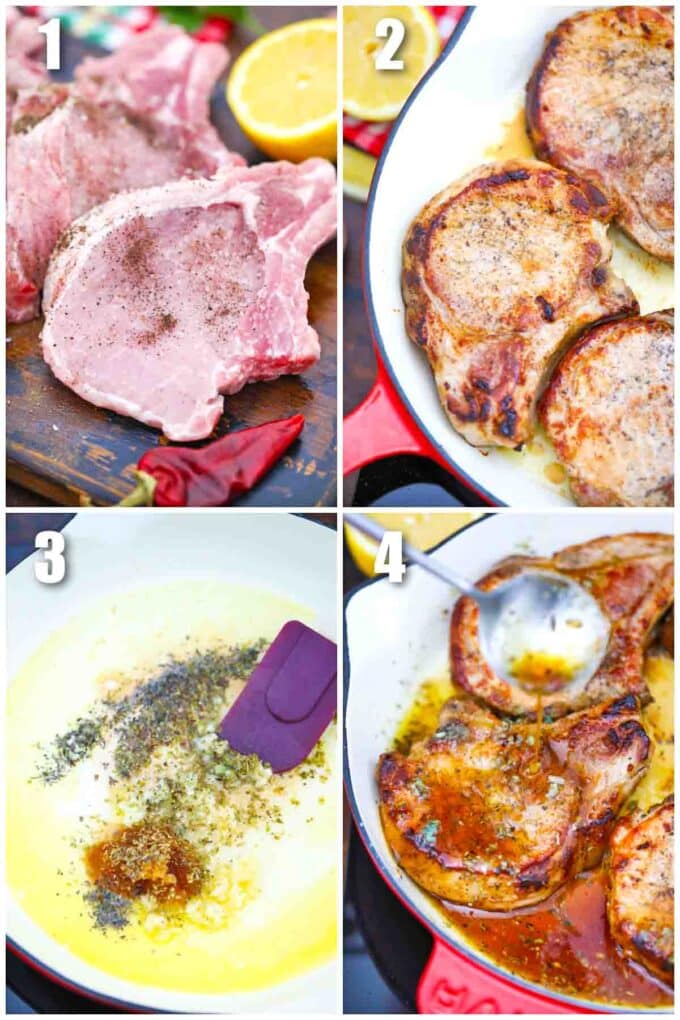 photo collage of steps how to make baked lemon pork chops