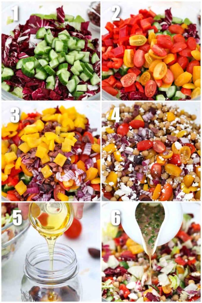 photo collage of steps how to make chopped mediterranean salad