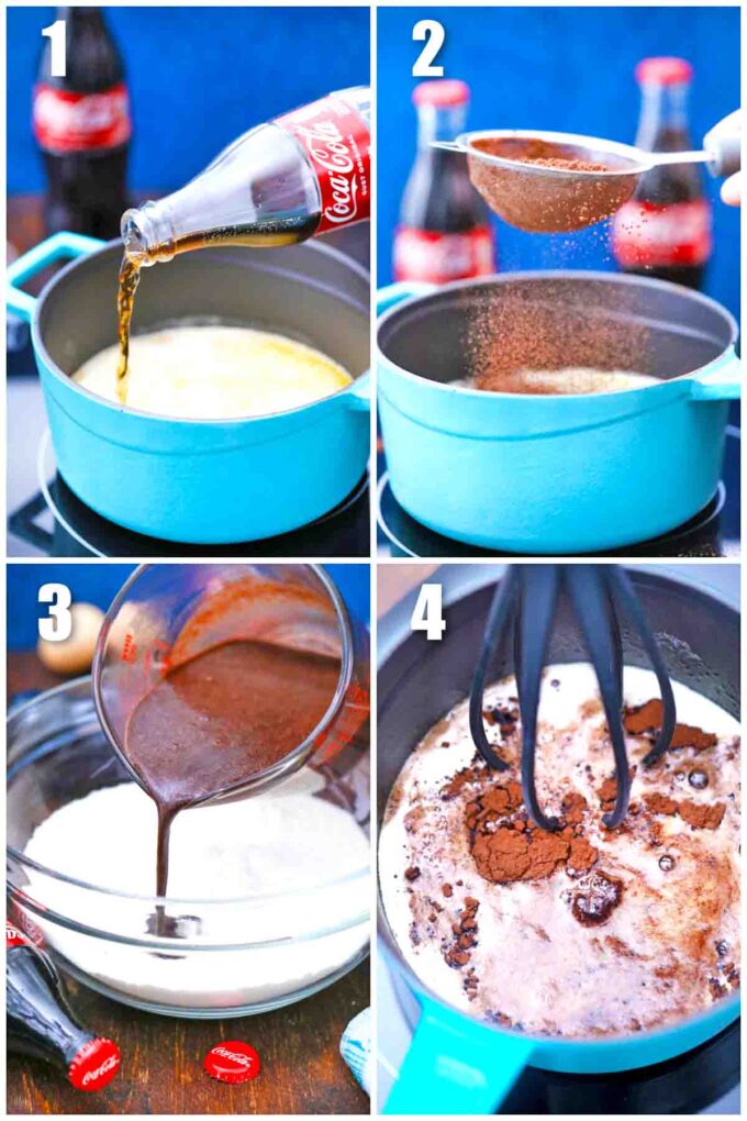 photo collage of steps how to make cracker barrel coca cola cake