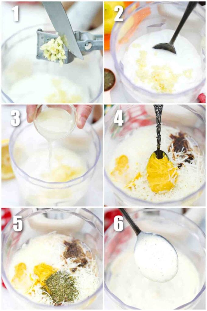 photo collage of steps how to make creamy parmesan dressing