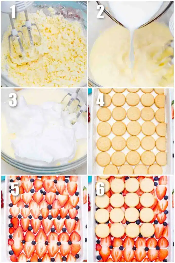 photo collage of steps how to make icebox cake