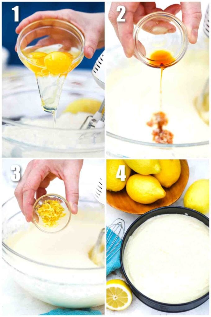 photo collage of steps how to make lemon ricotta cake