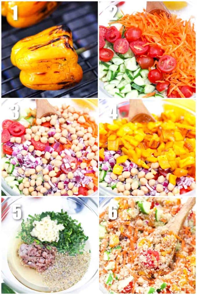 photo collage of steps how to make mediterranean grilled feta quinoa salad