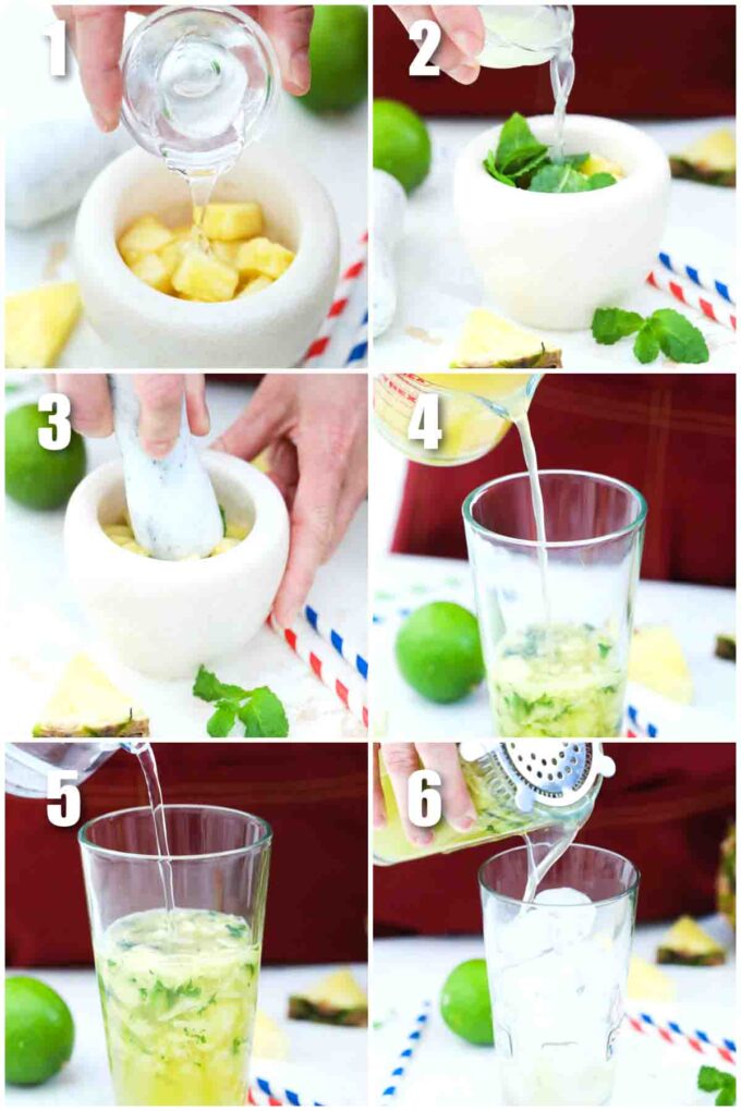 photo collage of steps how to make pineapple mojito