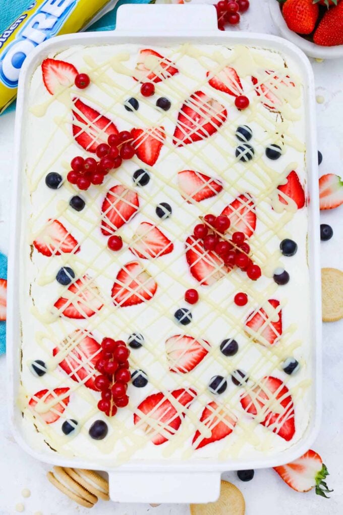 Overhead shot of berry ice box cake.