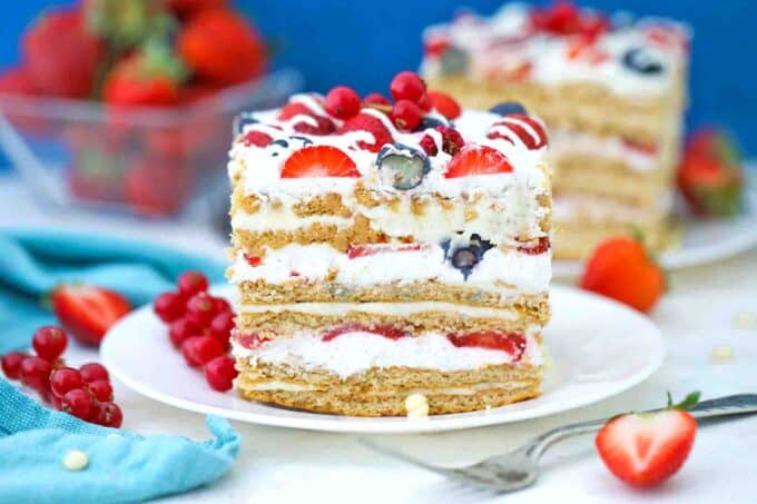 icebox cake topped with fresh berries