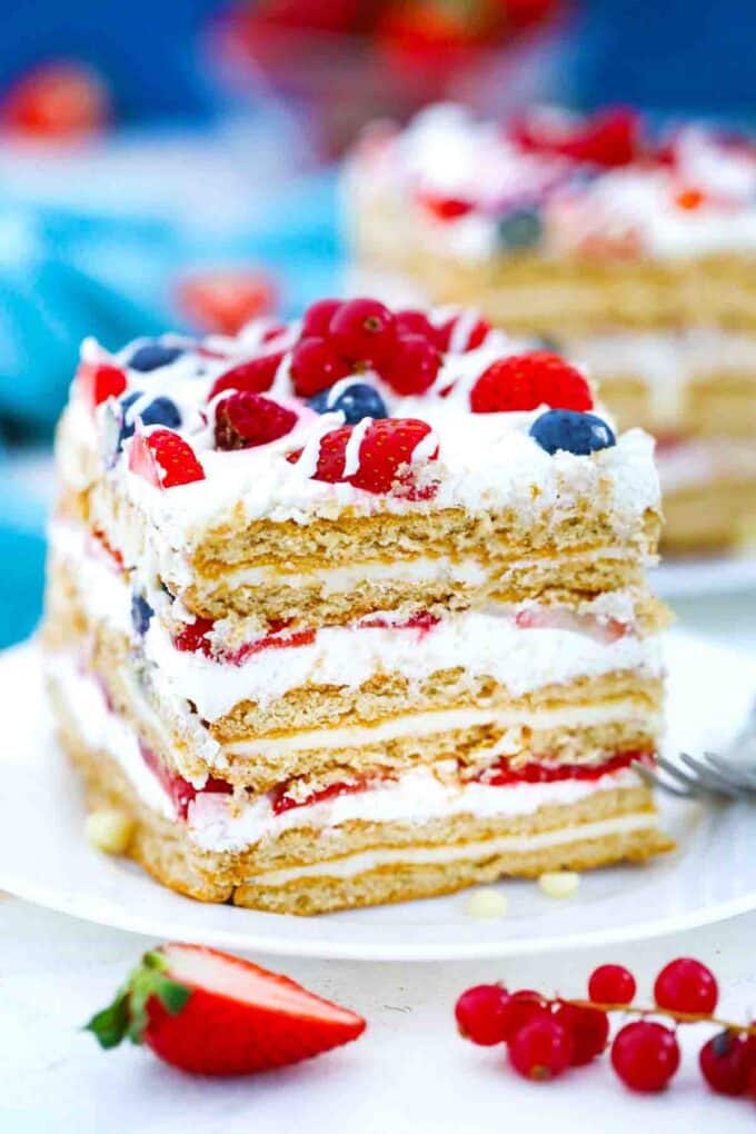a slice of no bake icebox cake made with berries
