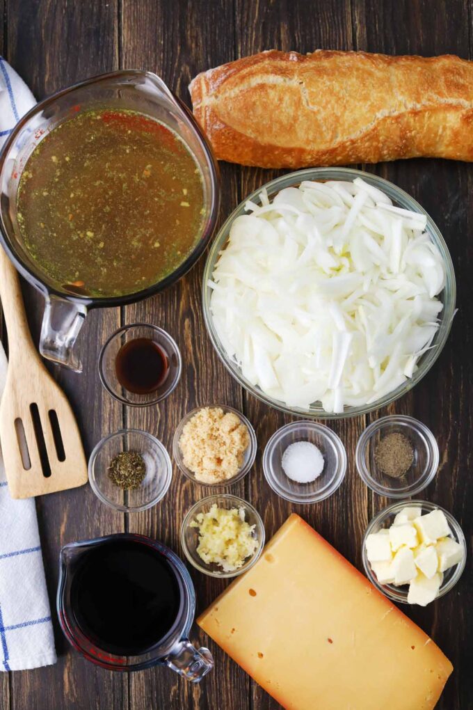 instant pot french onion soup ingredients in bowls on a table