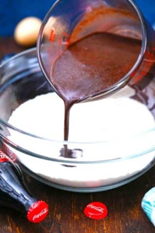 mixing cocoa and Coca Cola mixture into dry ingridients