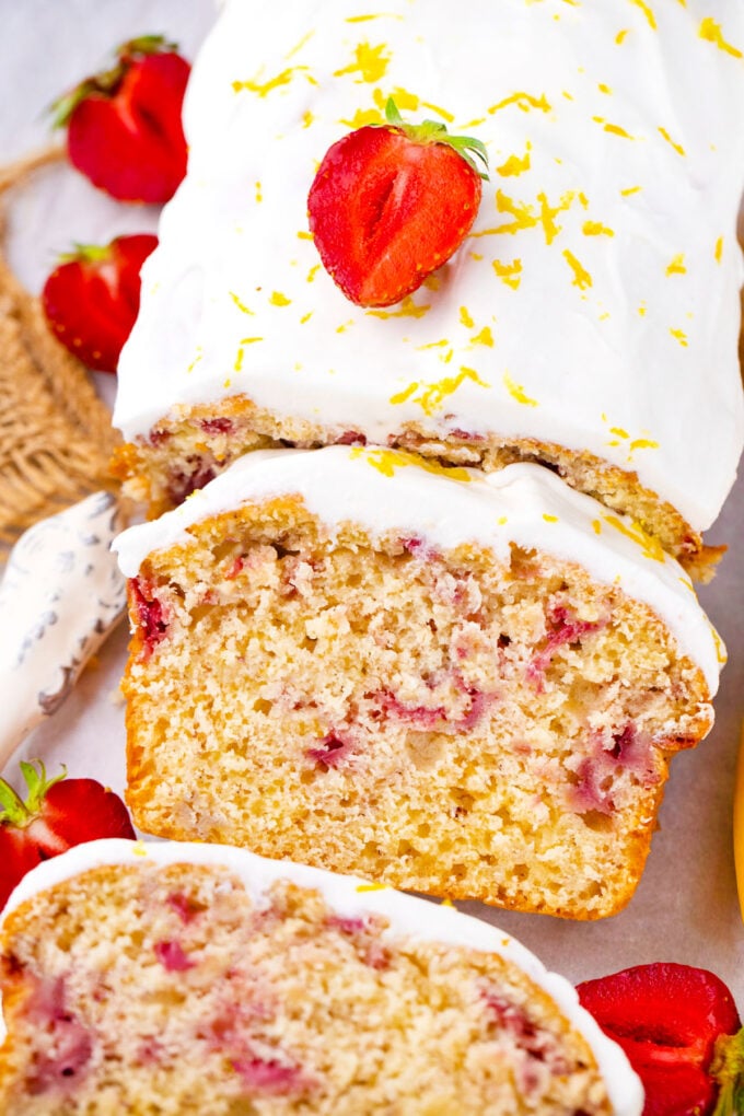 Sliced, homemade strawberry banana bread.