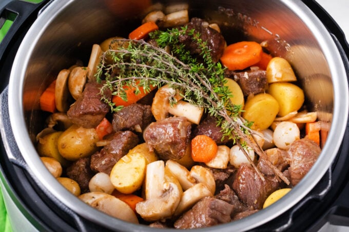 Beef stew ingredients in the Instant pot.