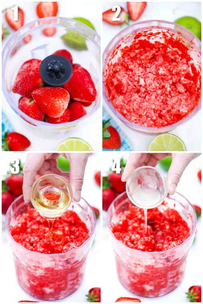 photo collage of steps how to make strawberry sorbet