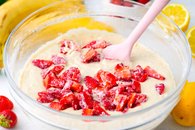 Strawberry banana bread batter in a bowl.