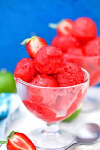 ice cream bowls filled with strawberry sorbet