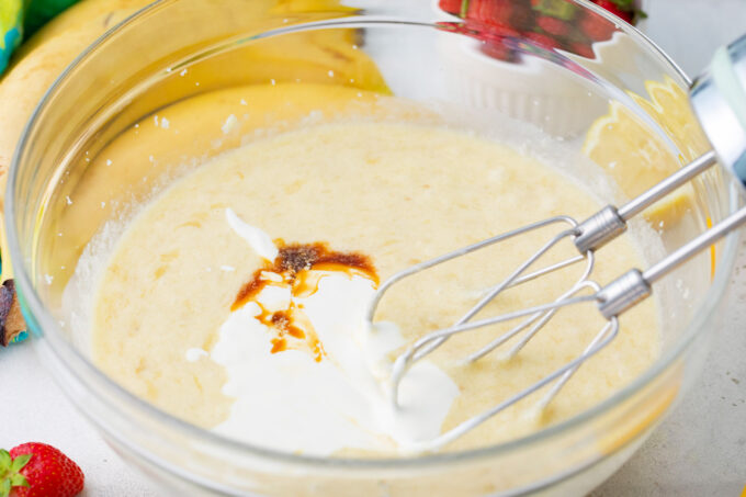 wet ingredients for strawberry banana bread.