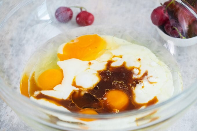 Wet ingredients for a cake layer.