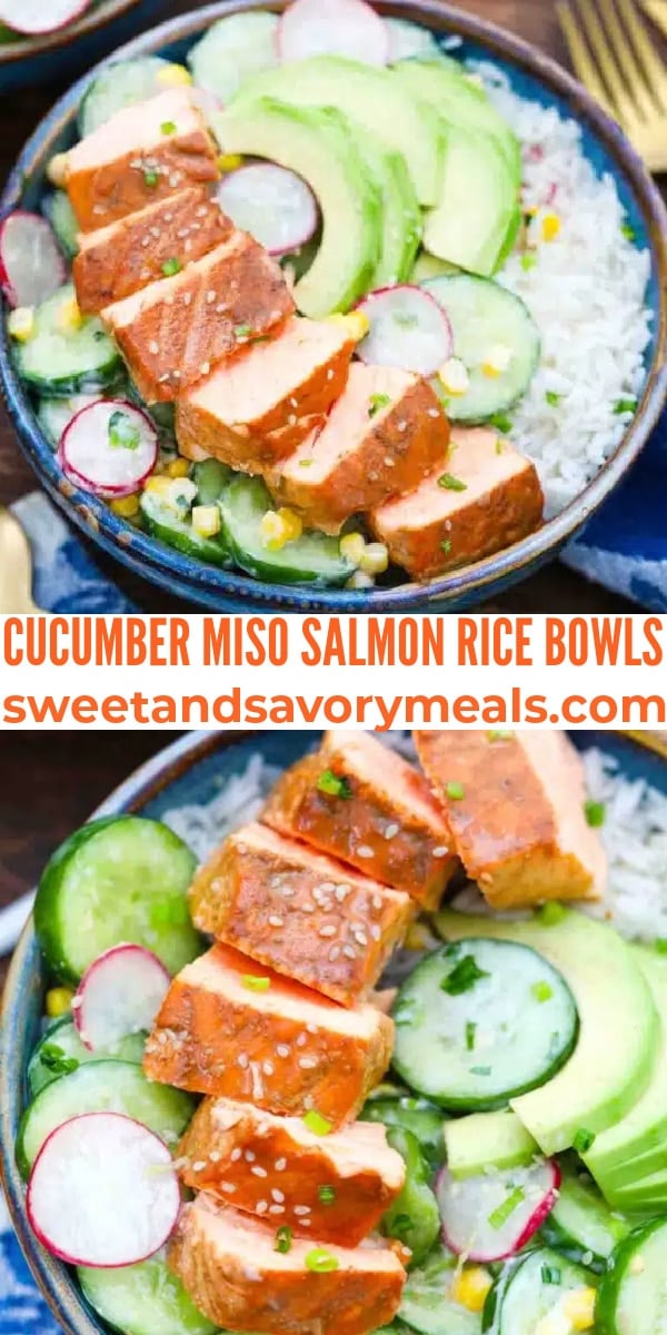 easy cucumber miso salmon rice bowls pin