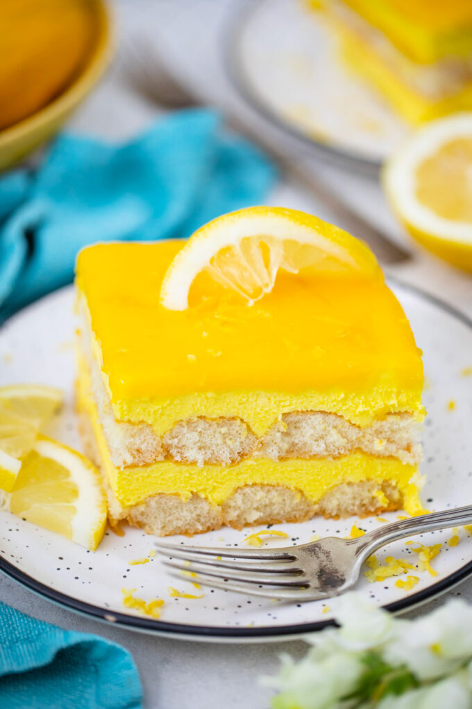 Creamy Limoncello tiramisu topped with lemon curd.