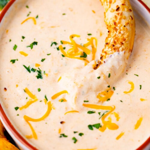 Overhead shot of homemade beer cheese dip.