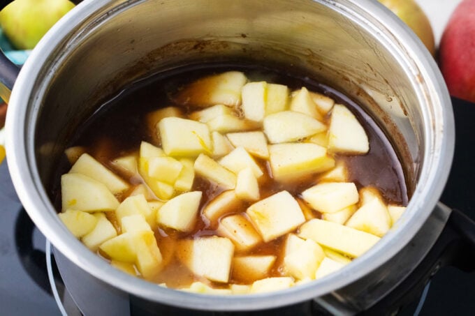 Simmering apple pie filling.