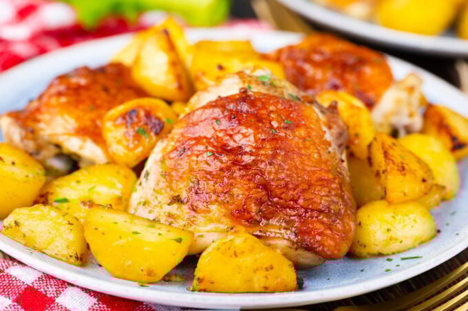 A plate of perfectly roasted chicken and potatoes.