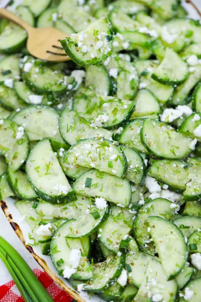 overhead shot of cucumber feta salad