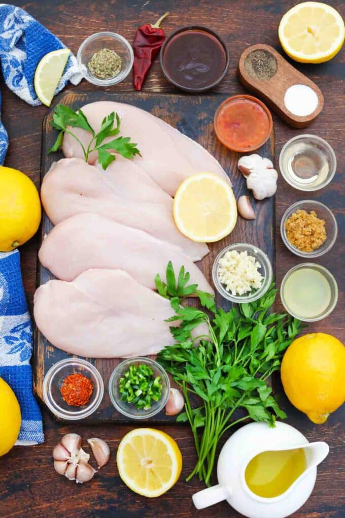 overhead shot of chimichurri chicken ingredients on a table