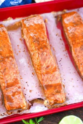 roasted miso salmon on a baking sheet