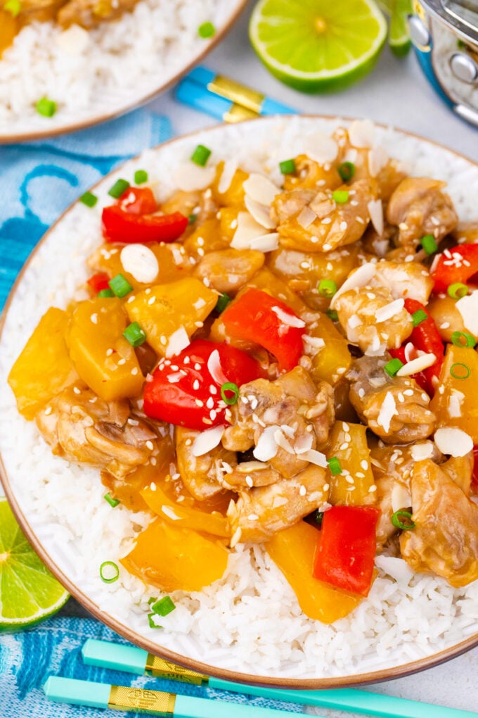 Overhead shot of slow cooker Hawaiian chicken over rice.