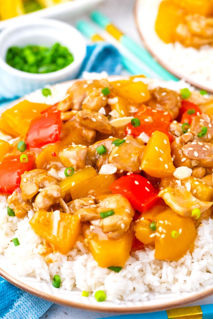 Slow cooker Hawaiian chicken over rice.