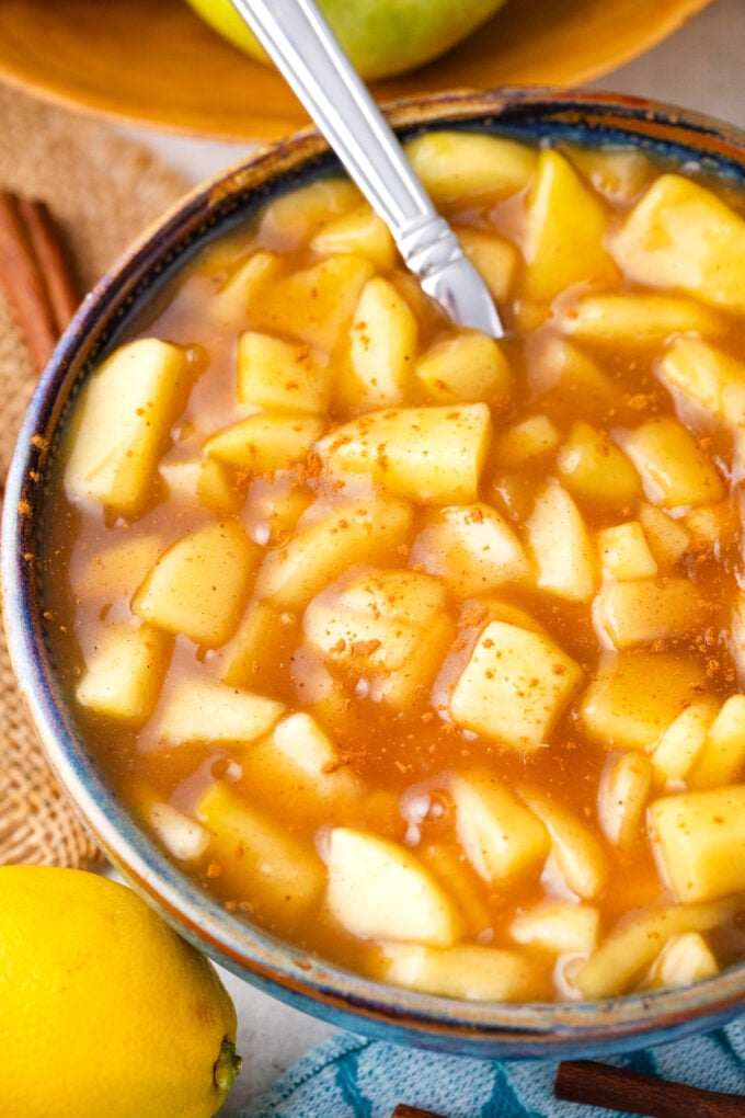 A bowl with homemade apple pie filling.