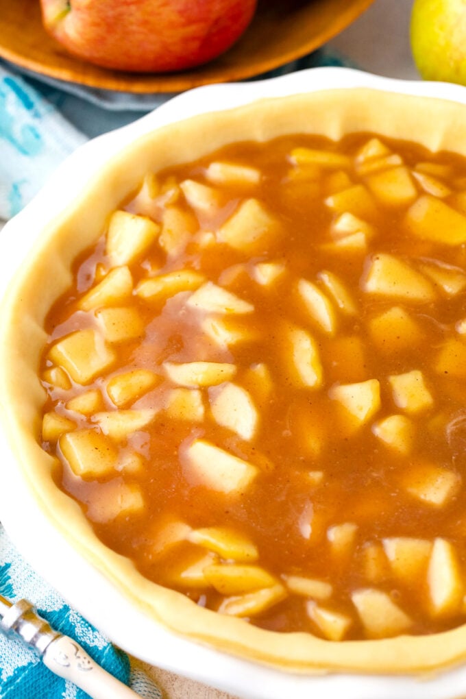 Apple pie filling in a pie crust.