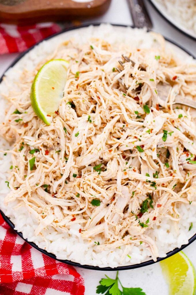 Overhead shot of instant pot shredded chicken over rice.