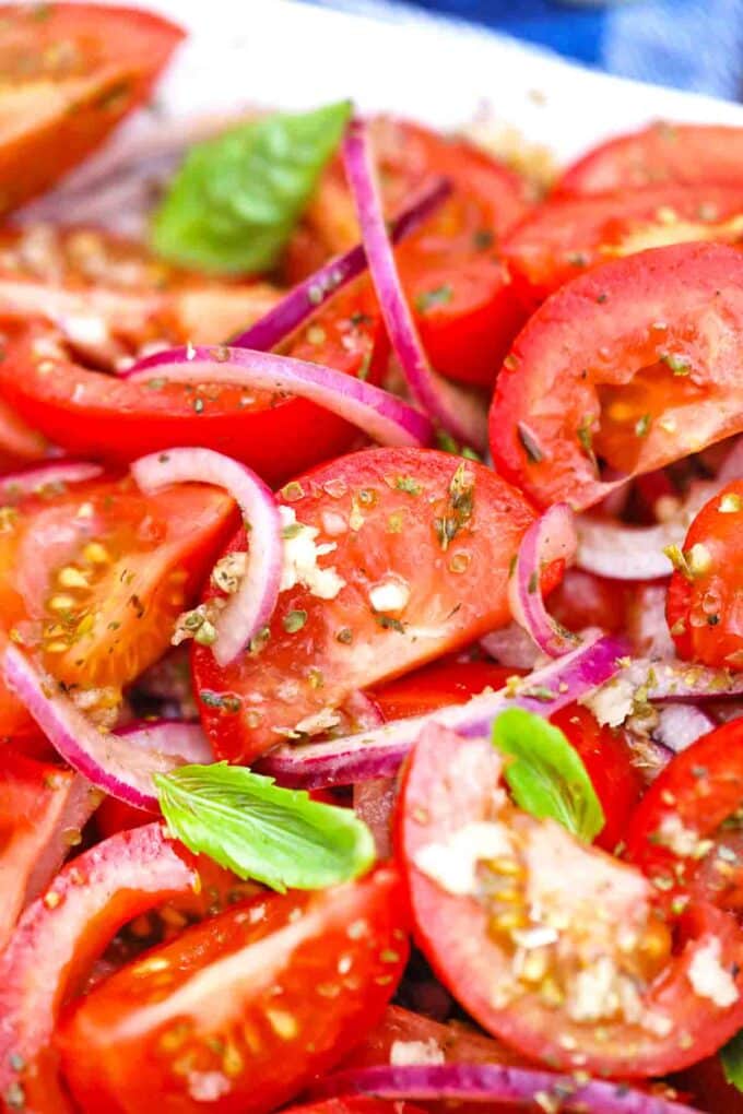 close shot of italian tomato onion salad