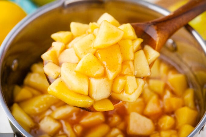 A spoonful of homemade apple pie filling on top on a sauce pan.