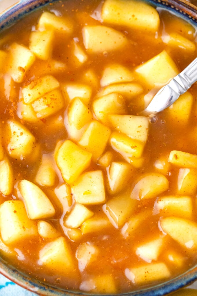 Overhead shot of a bowl with homemade apple pie filling.