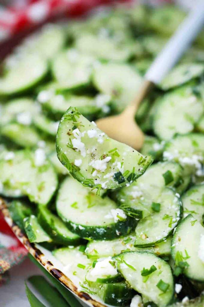 close shot of cucumber feta salad on a fork