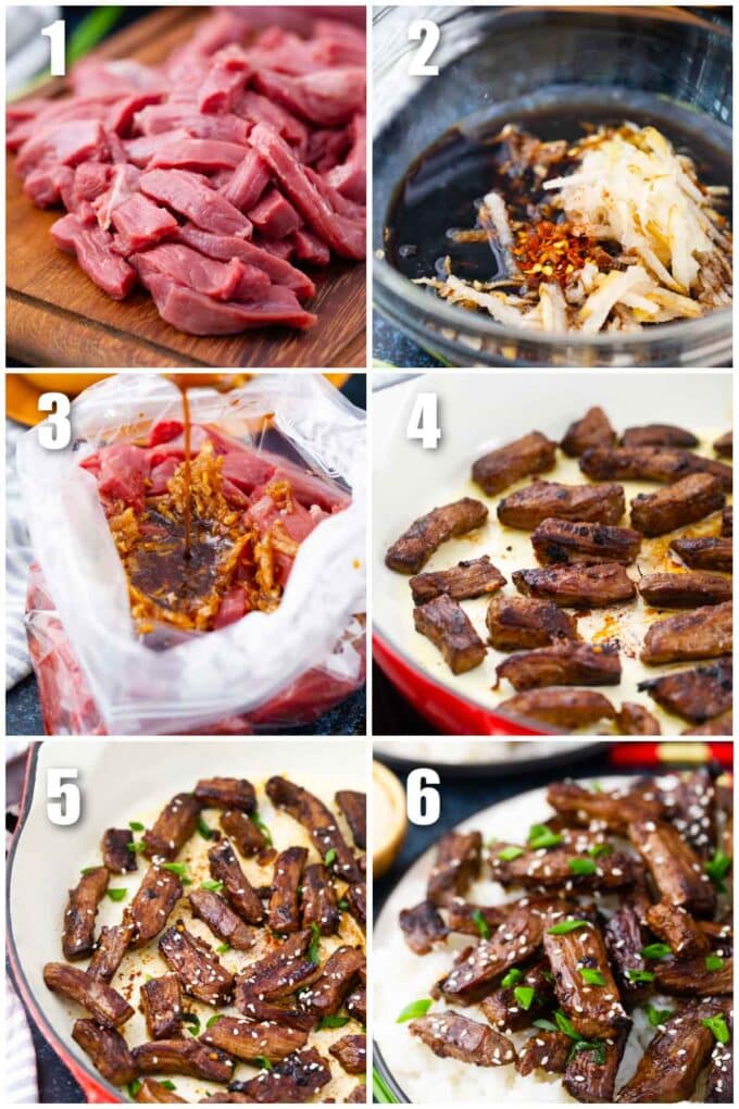 collage of six photos showing how to make bbq korean beef bulgogi