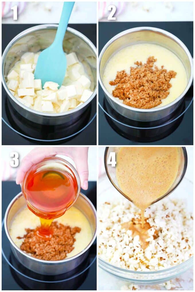 collage of four photos showing the steps how to make caramel popcorn