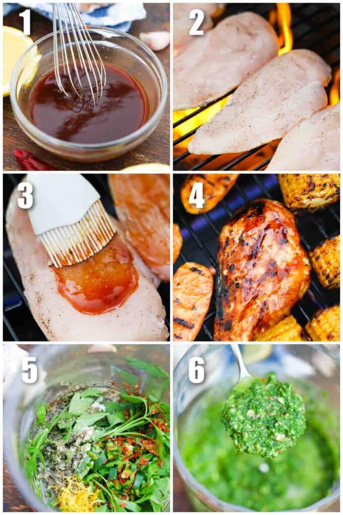 photo collage of steps how to make chimichurri chicken