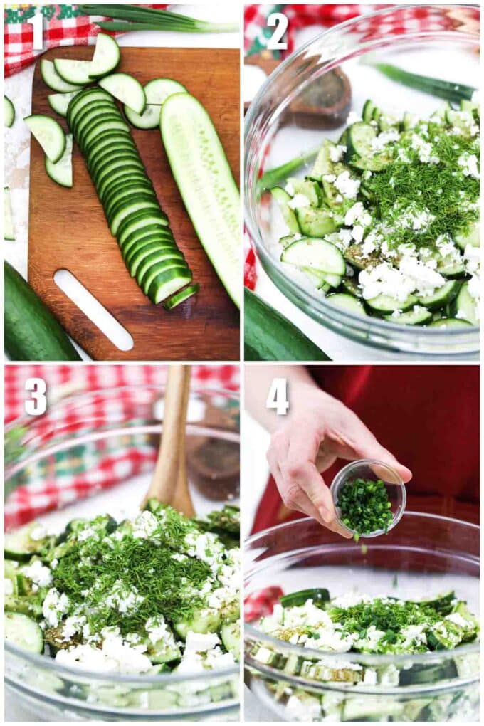 photo collage of steps how to make cucumber feta salad