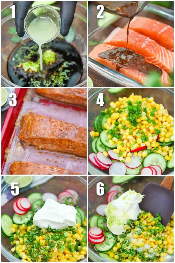 photo collage of steps how to make cucumber miso salmon rice bowls