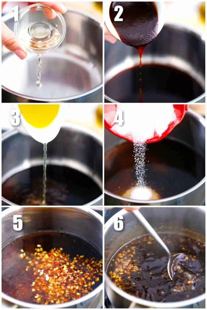 collage of six photos showing the steps how to make general tso sauce