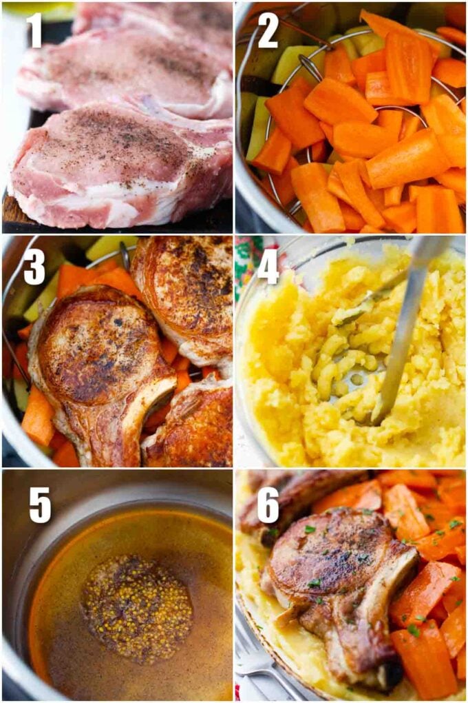 collage of photos showing how to make instant pot apple cider pork chops with carrots and mashed potatoes