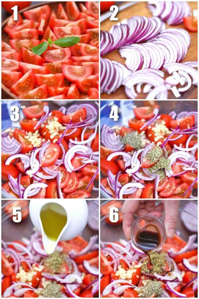photo collage of steps how to make italian tomato onion salad